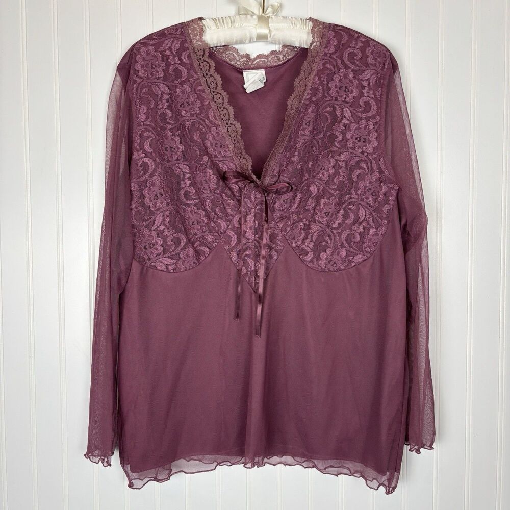 Vtg Y2K Fairy Coquette Romantic Top Size 2X Purple Sheer Lace Trim Babydoll Sexy